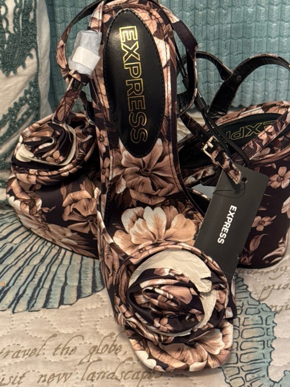 Express Floral Platform Sandals in Brown and Cream